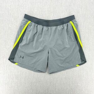Under Armour Running Shorts Mens XXL Gray Neon Green HeatGear Fitted Athletic